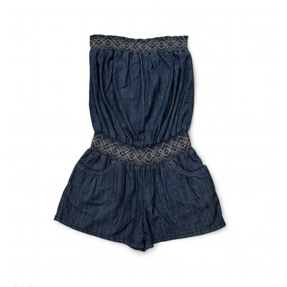 Y2K Mudd Smocked Strapless Blue Chambray One Piece Romper Women's Small